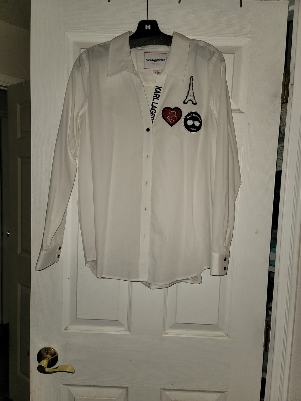 Karl Lagerfeld White Long-Sleeve Button Shirt with Embroidered Patches